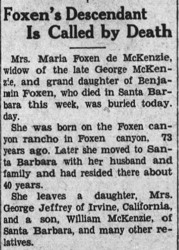 Obituary for Maria Foxen de McKenzie (Aged 73)